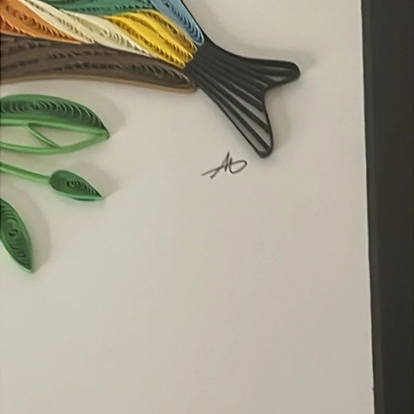 Handmade Quilled Paper Filigree Colorful Bird on Branch Signed Art Work Framed - Picture 3 of 4